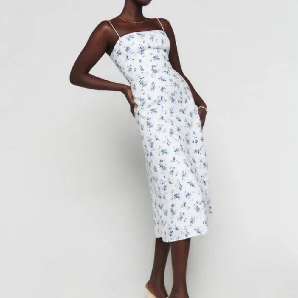 Unworn Reformation Christen Linen Midi Dress in Blue Floral